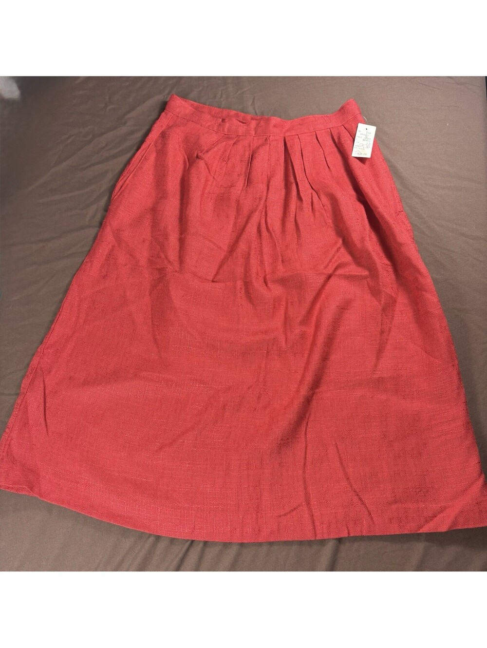Vintage Christine David Red Linen A-Line Long Skirt 12P Pleat Button Zipper NWT